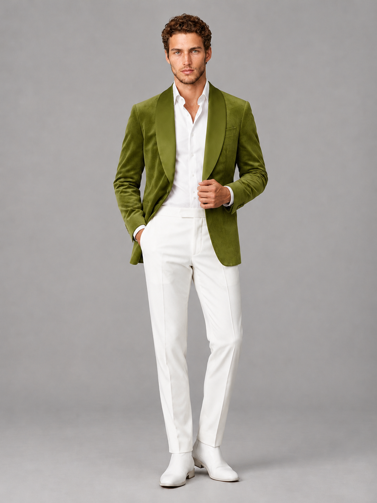 Savile Men's Olive Green Velvet Shawl Lapel 2-Piece Tuxedo Suit Set | Jacket & White Trousers - Olive Green - Olive Green (4)
