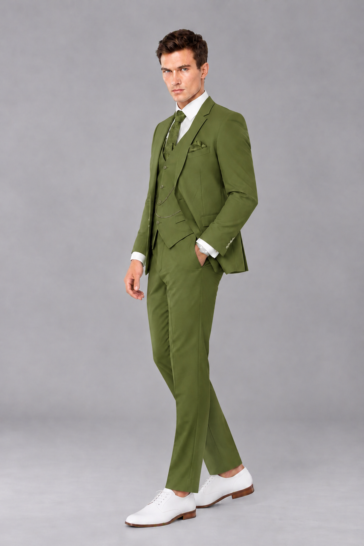 Savile Olive Green 3-Piece Suit with Notch Lapel & Chain Vest - Olive Green