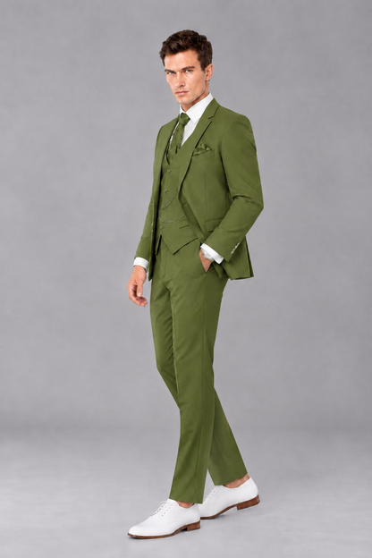 Savile Olive Green 3-Piece Suit with Notch Lapel & Chain Vest - Olive Green