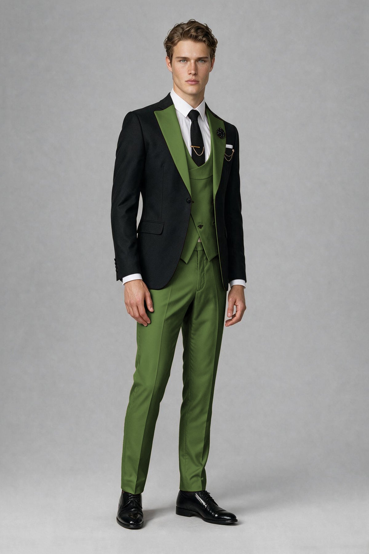 Savile Men's Black & Olive Green Three-Piece Wedding Suit - Olive Green
