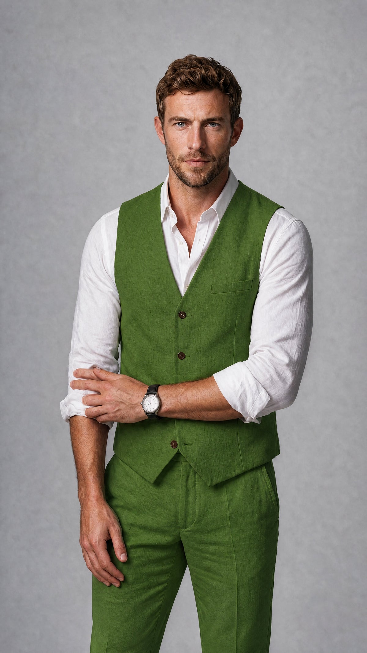 Men's Olive Green Linen Blend Single-Breasted V-Neck Suit Vest | Savile QX0101 - Olive Green