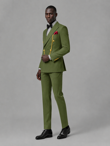 Men's Olive Green Double-Breasted 2-Piece Suit Set – Jacket & Trousers | Olive Green Chain - Olive Green
