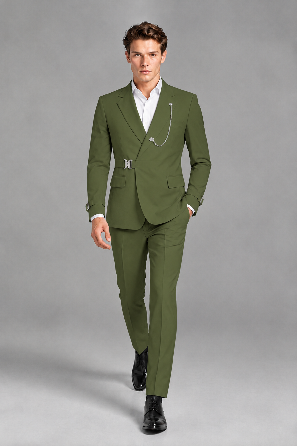 Savile Men's Olive Green Buckle-Closure 2-Piece Suit Set | Peak Lapel Blazer & Trousers - Olive Green