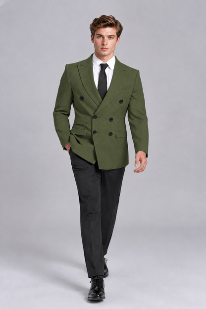 Savile Men's Olive Green Double-Breasted Peak Lapel Blazer - Olive Green