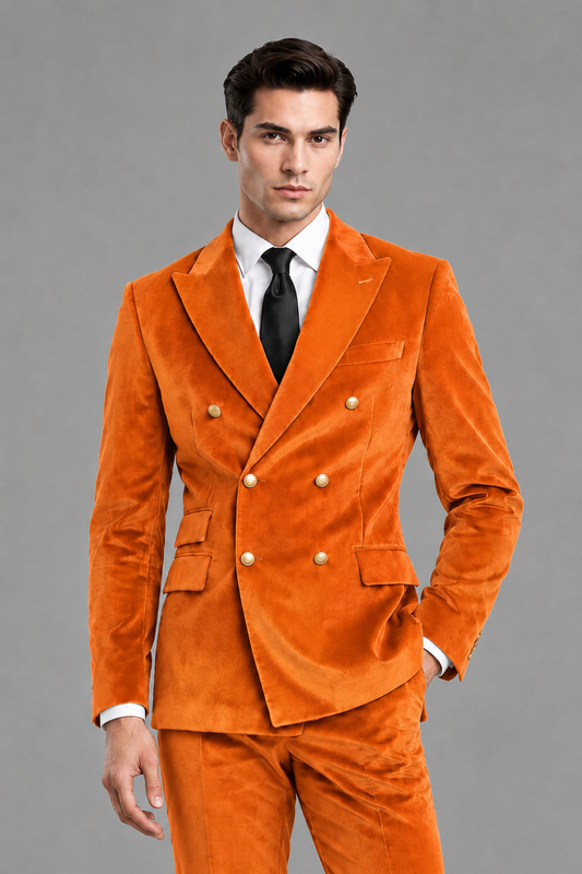Savile Men's Orange Velvet Double-Breasted 2-Piece Suit Set | Peak Lapel Blazer & Trousers - Orange