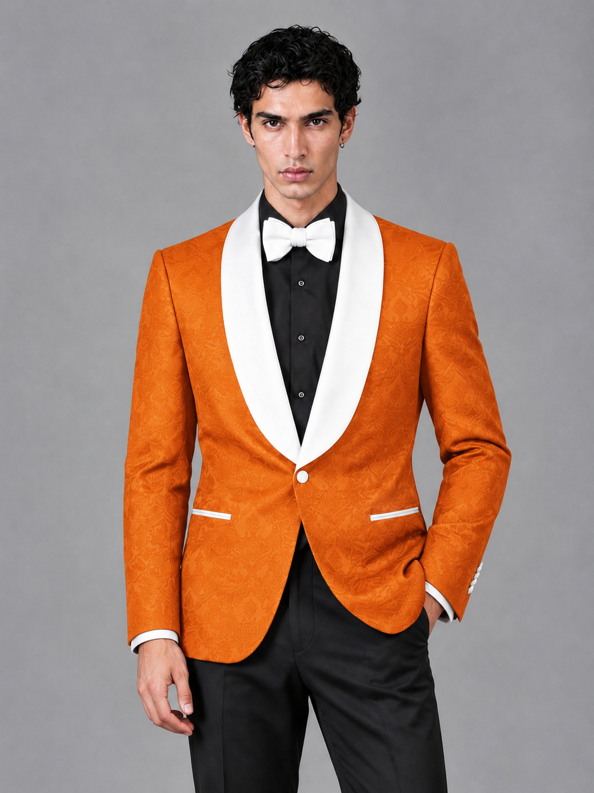 Savile Men's Orange Jacquard White Shawl Lapel 2-Piece Tuxedo Suit Set | Jacket & Trousers - Orange - Orange (1)