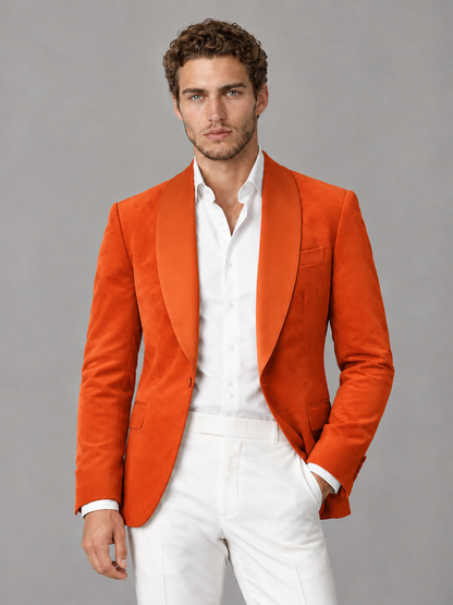 Savile Men's Orange Velvet Shawl Lapel 2-Piece Tuxedo Suit Set | Jacket & White Trousers - Orange - Orange (1)
