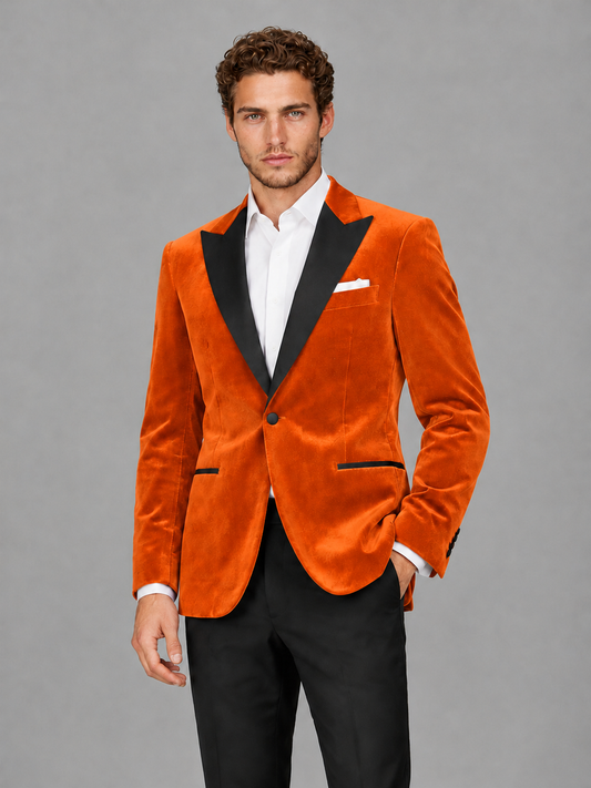 Savile Men's Orange Velvet Peak Lapel 2-Piece Tuxedo Suit Set | Jacket & Trousers - Orange