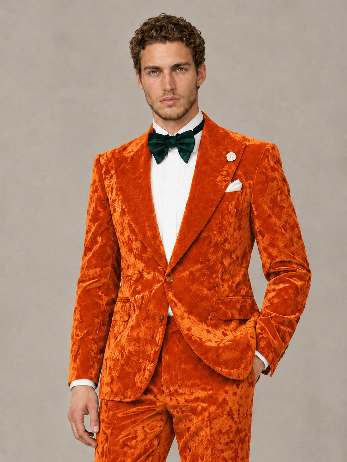 Savile Men's Orange Crushed Velvet Peak Lapel 2-Piece Suit Set | Jacket & Trousers - Orange - Orange (1)