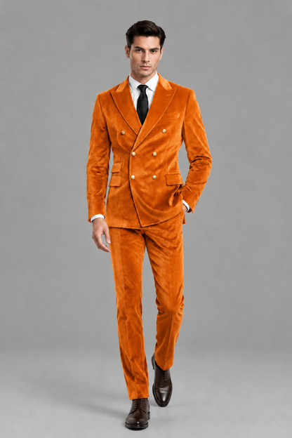 Savile Men's Orange Velvet Double-Breasted 2-Piece Suit Set | Peak Lapel Blazer & Trousers - Orange
