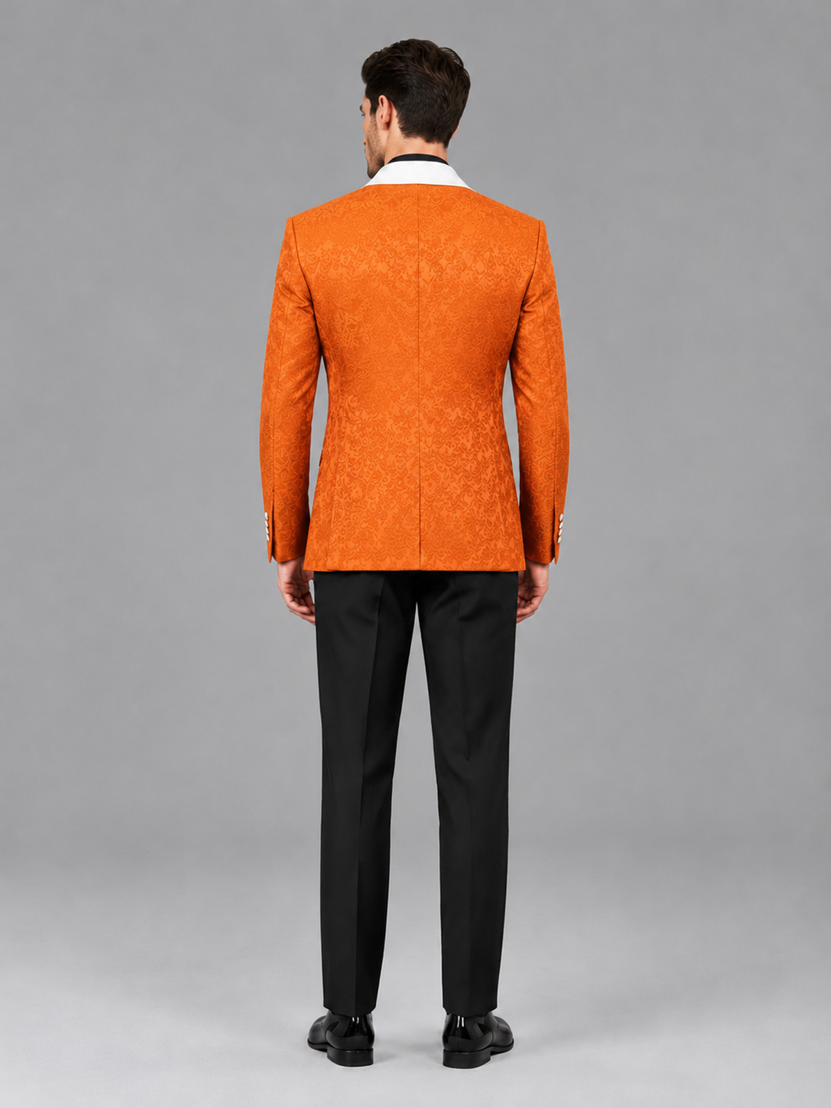 Savile Men's Orange Jacquard White Shawl Lapel 2-Piece Tuxedo Suit Set | Jacket & Trousers - Orange - Orange (2)