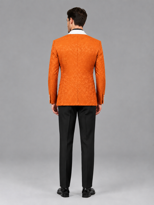 Savile Men's Orange Jacquard White Shawl Lapel 2-Piece Tuxedo Suit Set | Jacket & Trousers - Orange - Orange (2)