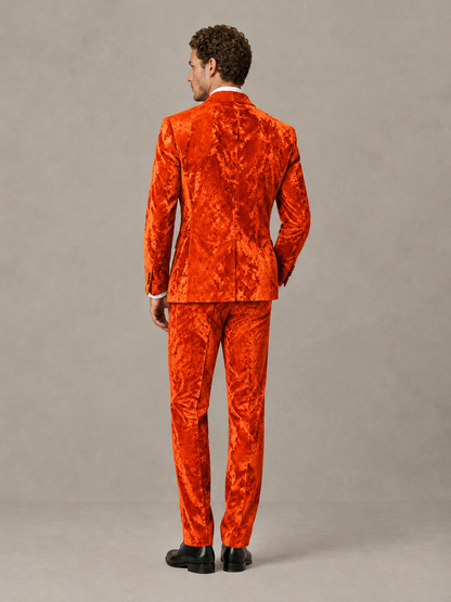 Savile Men's Orange Crushed Velvet Peak Lapel 2-Piece Suit Set | Jacket & Trousers - Orange - Orange (2)