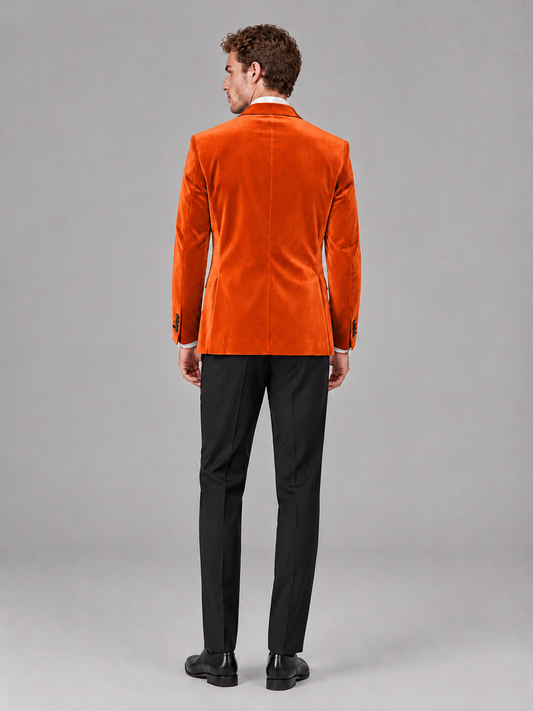Savile Men's Orange Velvet Peak Lapel 2-Piece Tuxedo Suit Set | Jacket & Trousers - Orange