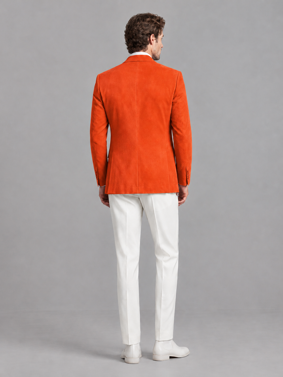 Savile Men's Orange Velvet Shawl Lapel 2-Piece Tuxedo Suit Set | Jacket & White Trousers - Orange - Orange (2)