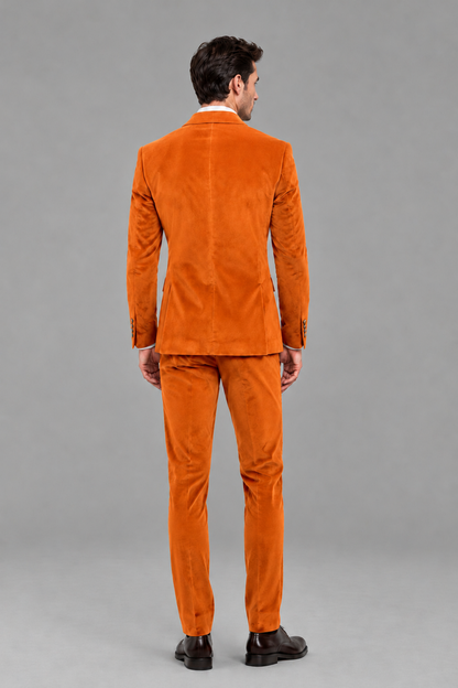 Savile Men's Orange Velvet Double-Breasted 2-Piece Suit Set | Peak Lapel Blazer & Trousers - Orange