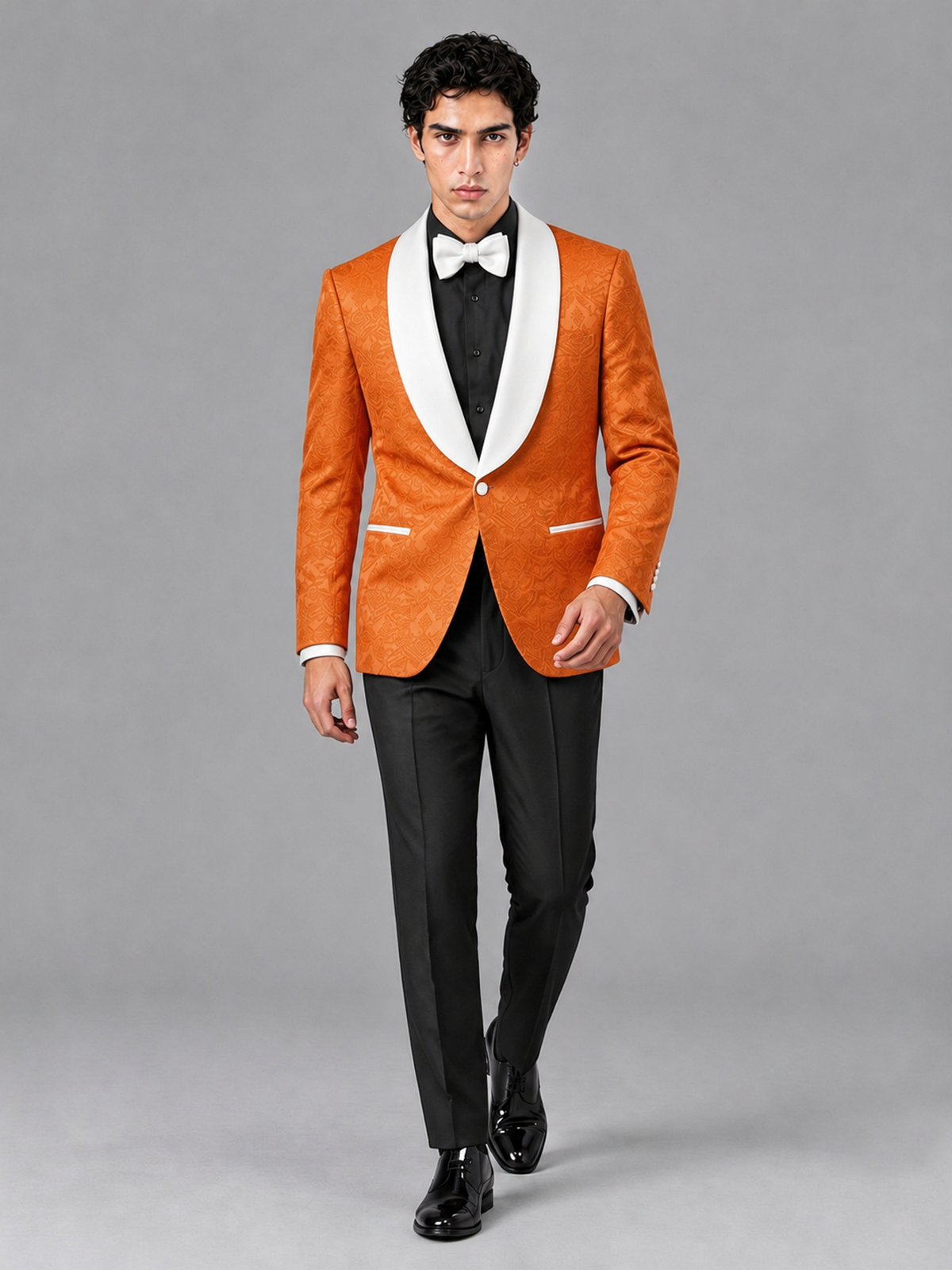 Savile Men's Orange Jacquard White Shawl Lapel 2-Piece Tuxedo Suit Set | Jacket & Trousers - Orange - Orange (3)