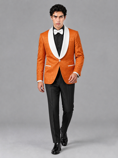 Savile Men's Orange Jacquard White Shawl Lapel 2-Piece Tuxedo Suit Set | Jacket & Trousers - Orange - Orange (3)