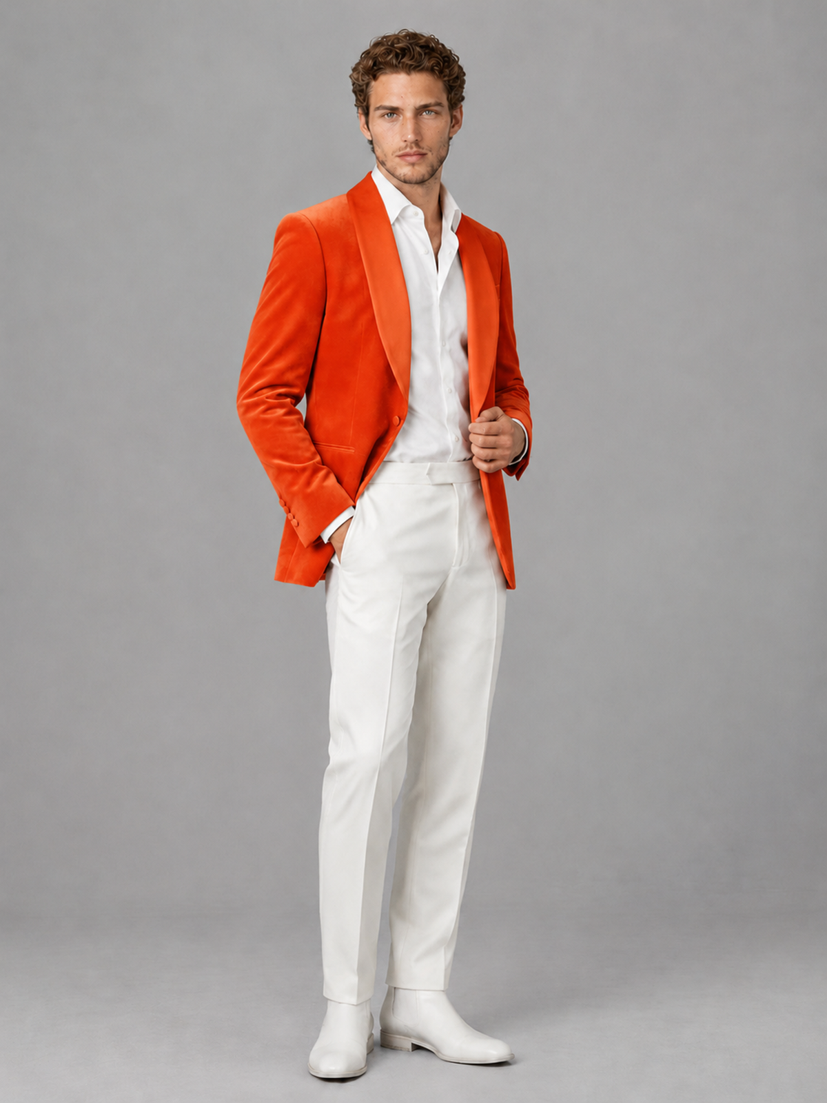 Savile Men's Orange Velvet Shawl Lapel 2-Piece Tuxedo Suit Set | Jacket & White Trousers - Orange - Orange (3)