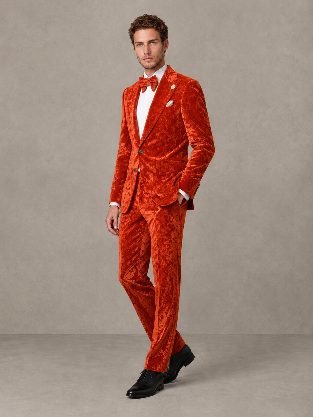 Savile Men's Orange Crushed Velvet Peak Lapel 2-Piece Suit Set | Jacket & Trousers - Orange - Orange (3)