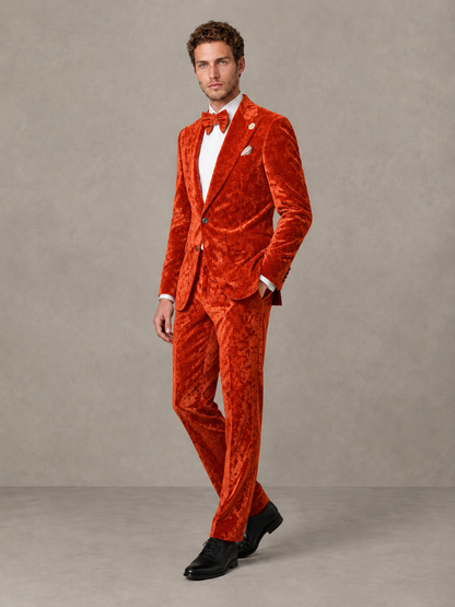 Savile Men's Orange Crushed Velvet Peak Lapel 2-Piece Suit Set | Jacket & Trousers - Orange - Orange (3)