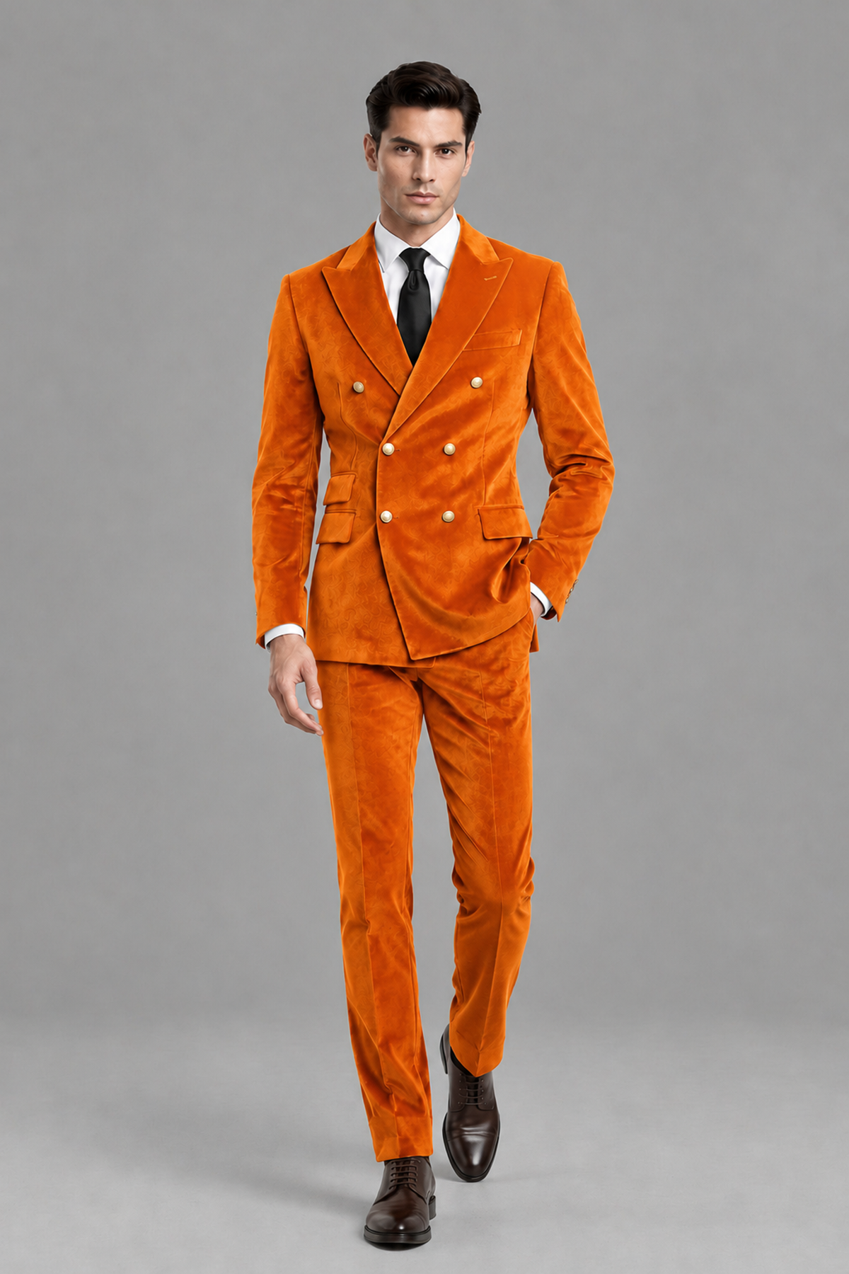 Savile Men's Orange Velvet Double-Breasted 2-Piece Suit Set | Peak Lapel Blazer & Trousers - Orange