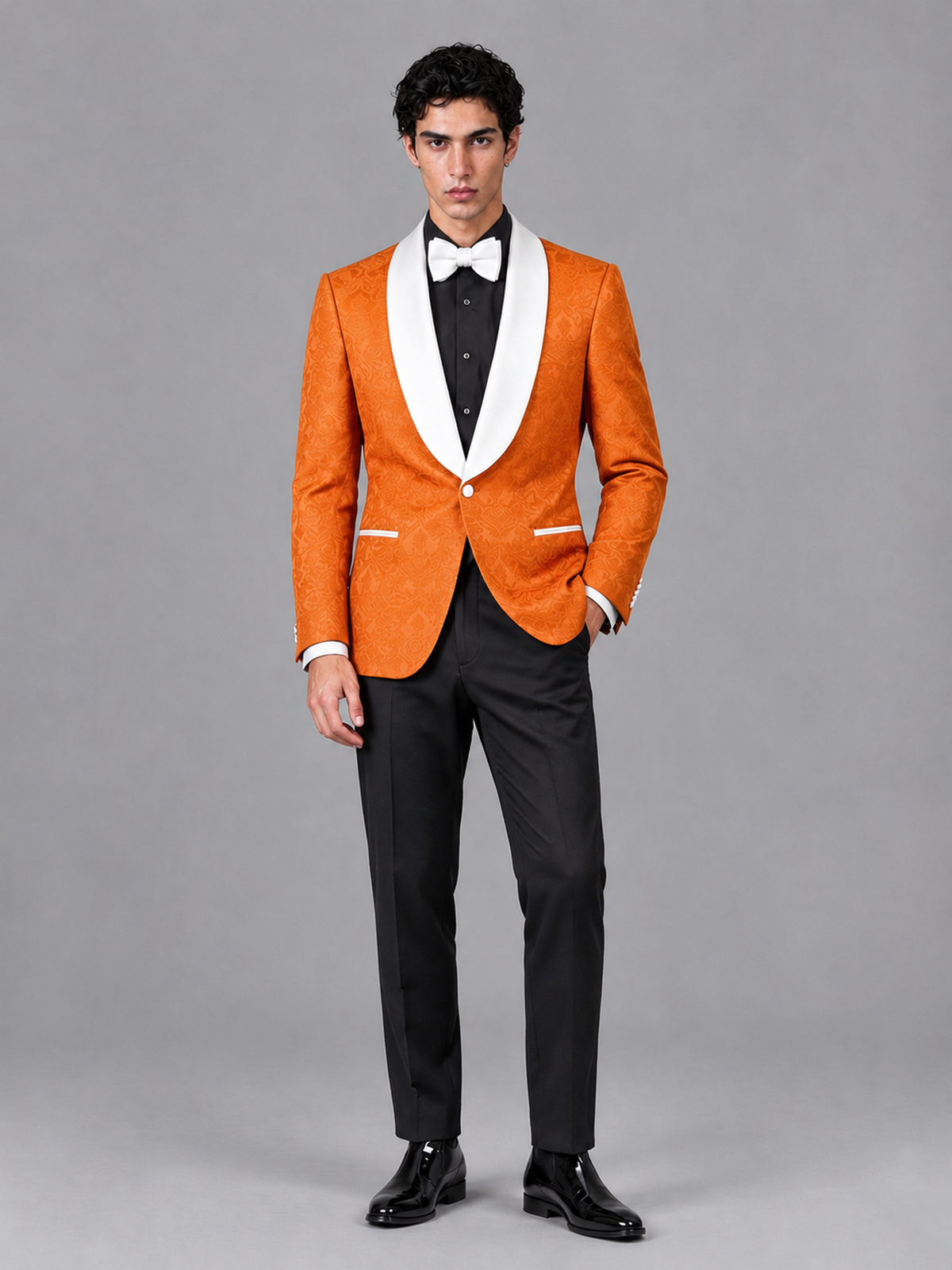 Savile Men's Orange Jacquard White Shawl Lapel 2-Piece Tuxedo Suit Set | Jacket & Trousers - Orange - Orange (4)