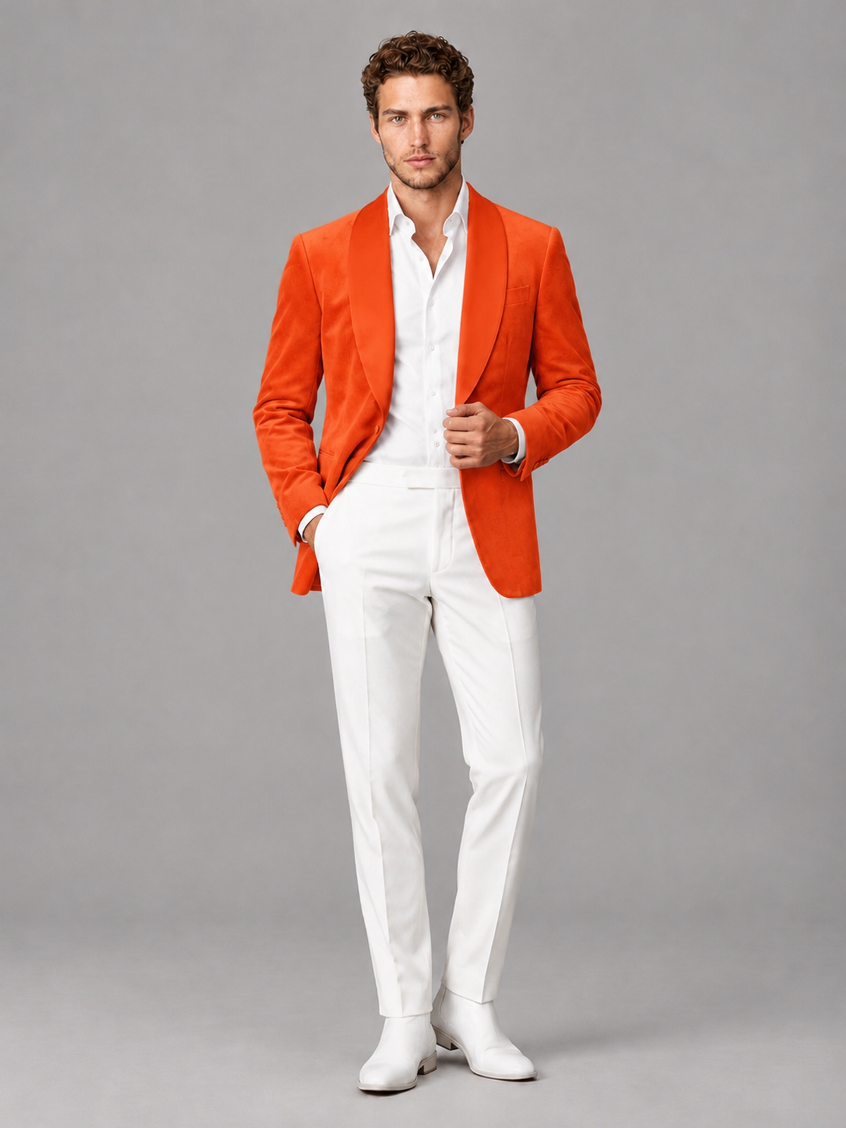 Savile Men's Orange Velvet Shawl Lapel 2-Piece Tuxedo Suit Set | Jacket & White Trousers - Orange - Orange (4)