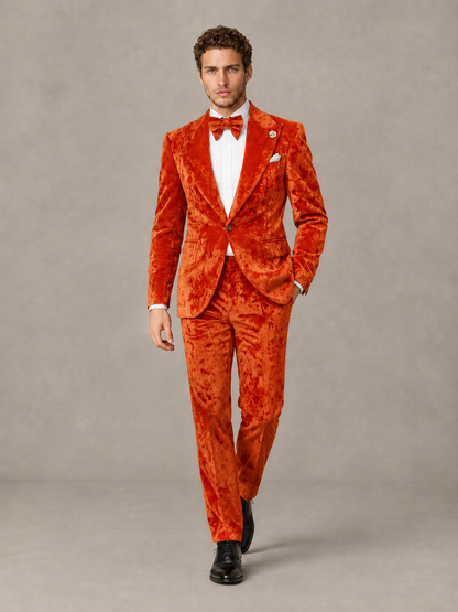 Savile Men's Orange Crushed Velvet Peak Lapel 2-Piece Suit Set | Jacket & Trousers - Orange - Orange (4)