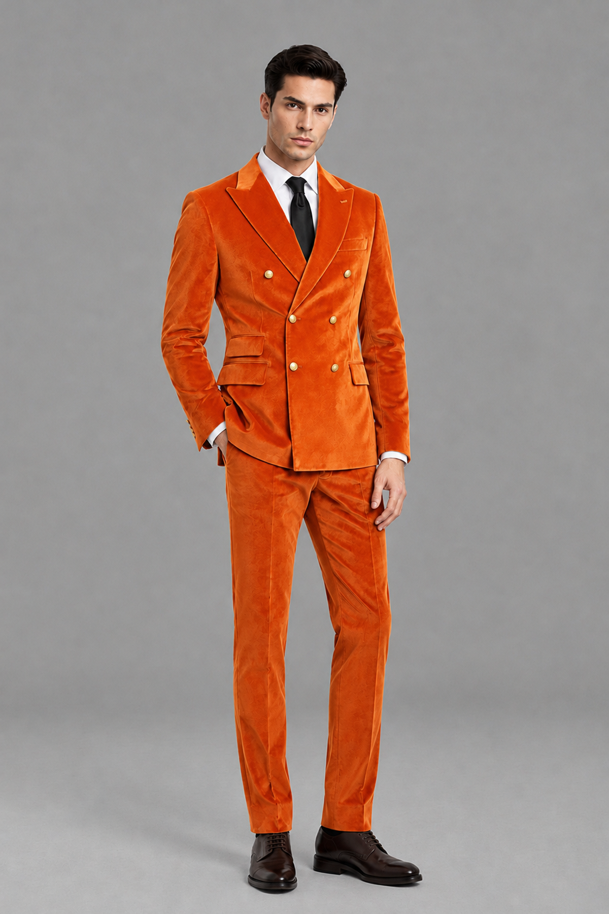 Savile Men's Orange Velvet Double-Breasted 2-Piece Suit Set | Peak Lapel Blazer & Trousers - Orange