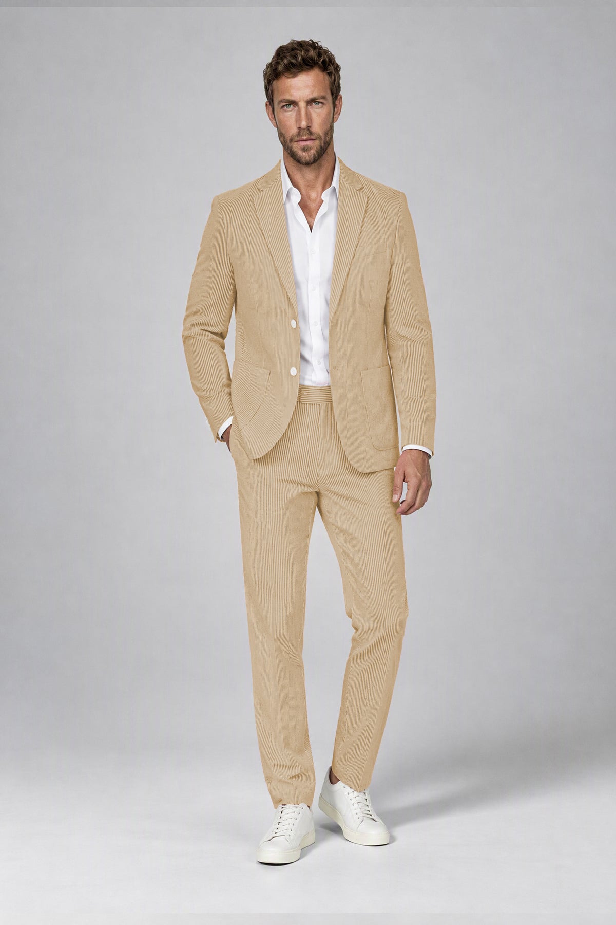 Savile Men's Peach Striped 2-Piece Suit Set – Notch Lapel Blazer & Tailored Trousers - Peach - Peach(2)