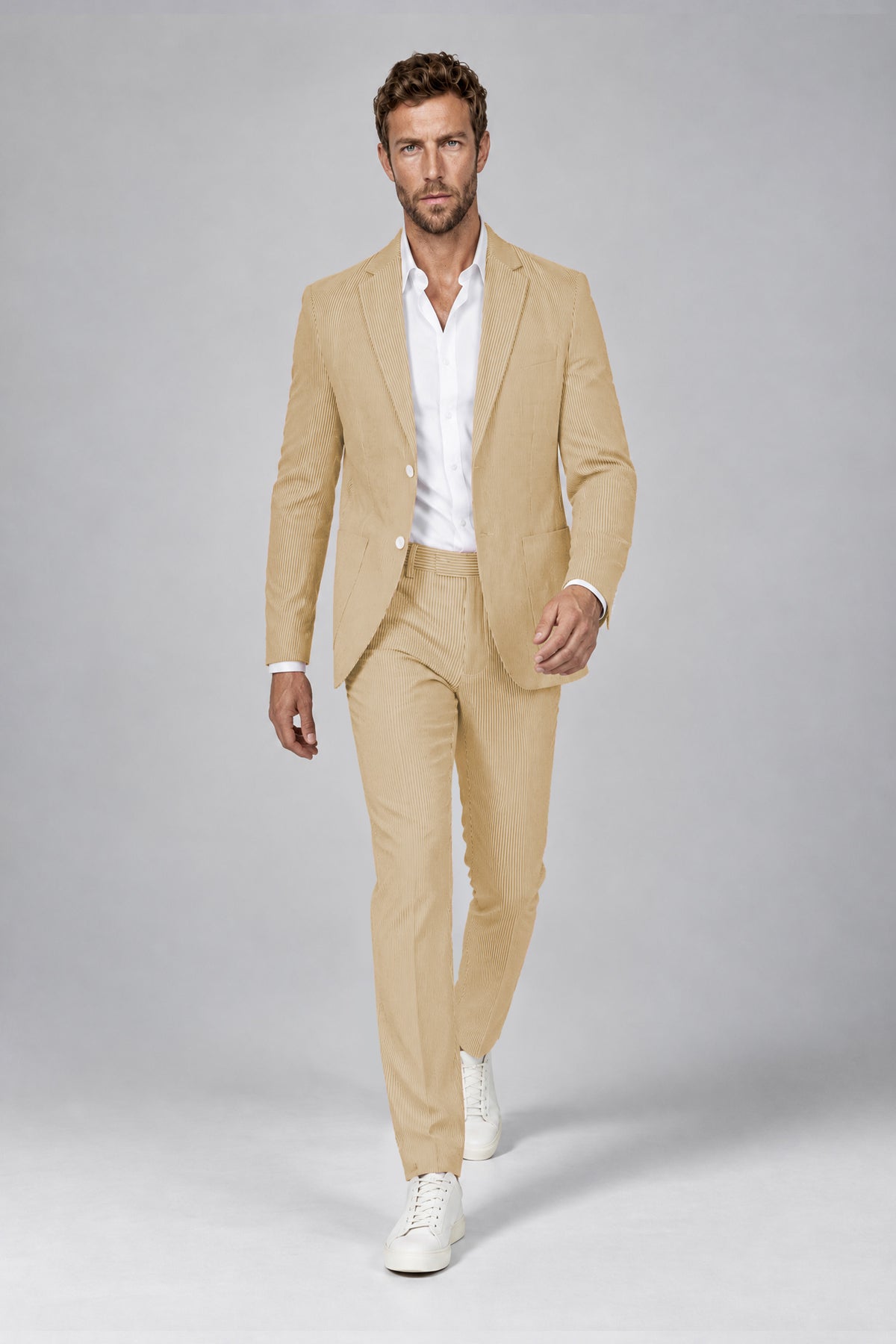 Savile Men's Peach Striped 2-Piece Suit Set – Notch Lapel Blazer & Tailored Trousers - Peach - Peach(4)