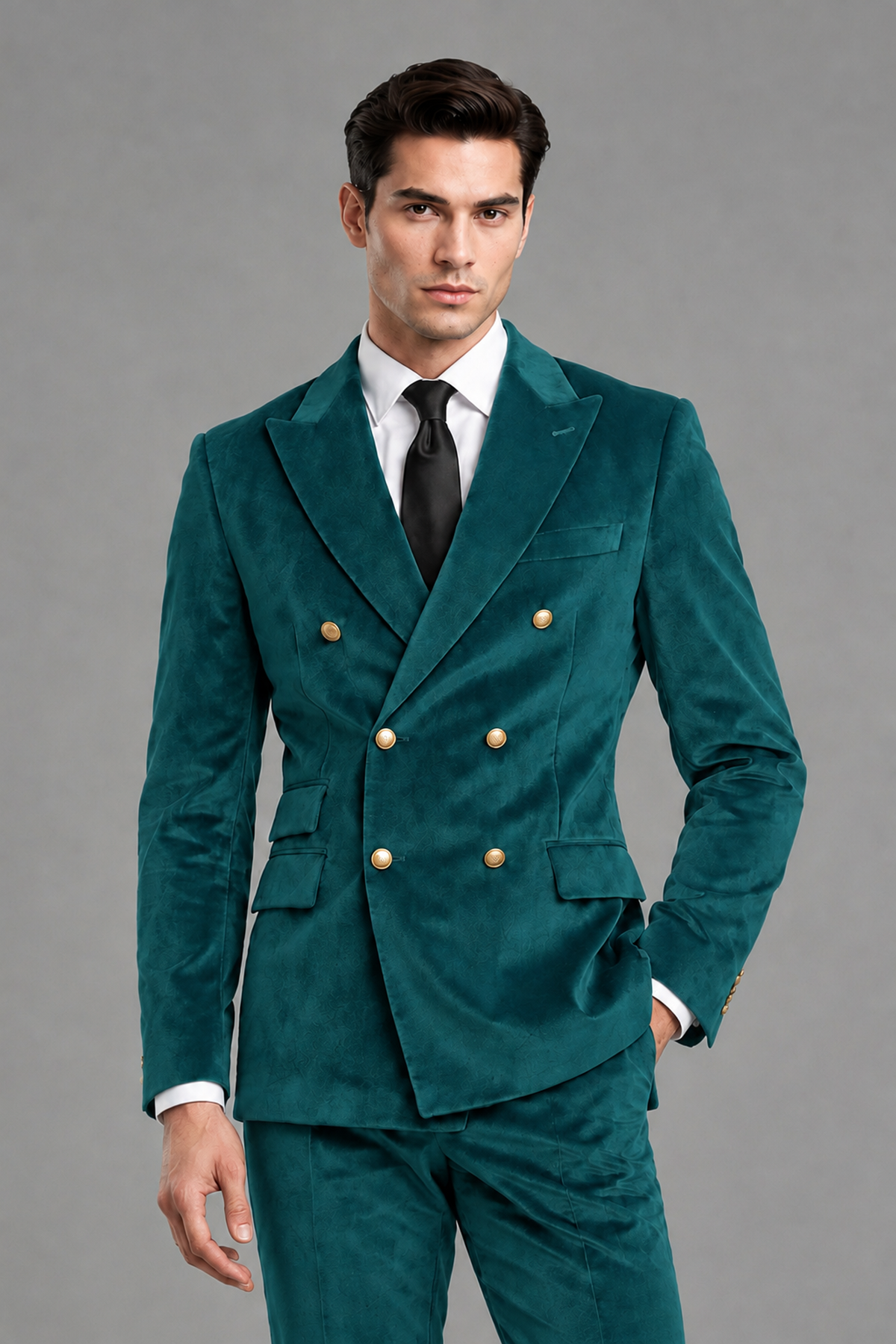 Savile Men's Peacock Velvet Double-Breasted 2-Piece Suit Set | Peak Lapel Blazer & Trousers - Peacock