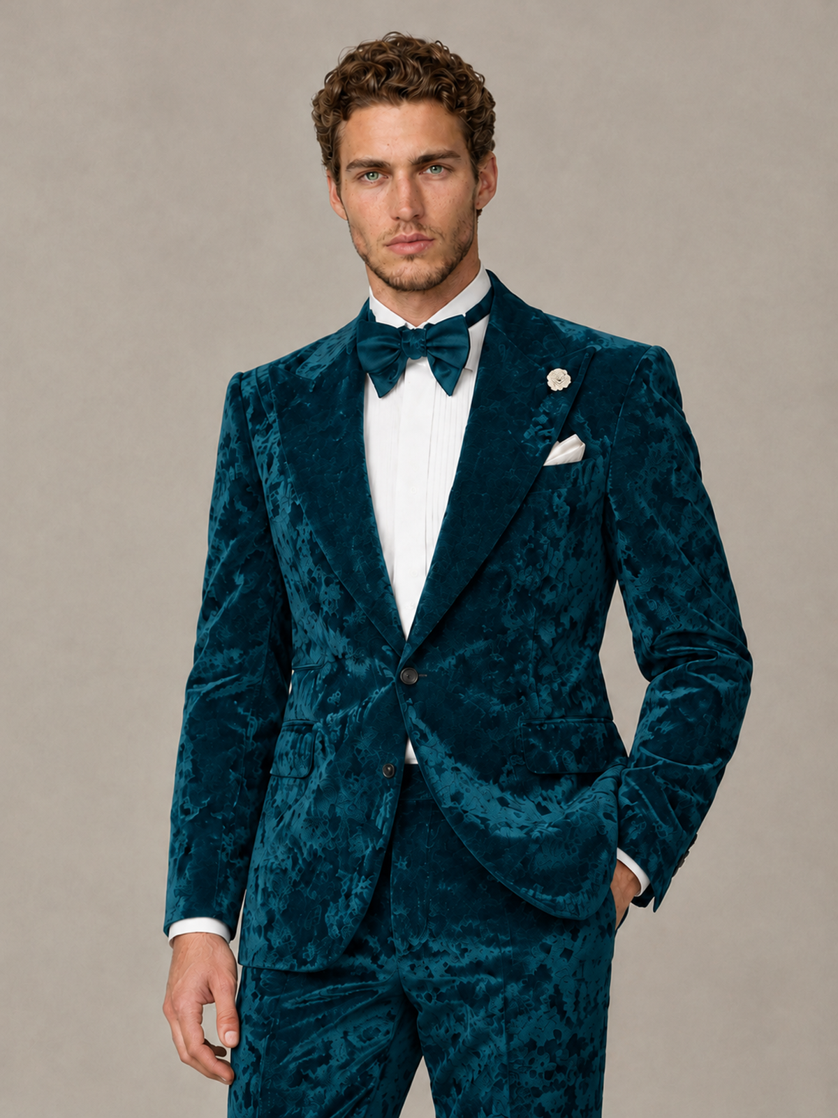 Savile Men's Peacock Crushed Velvet Peak Lapel 2-Piece Suit Set | Jacket & Trousers - Peacock - Peacock (1)