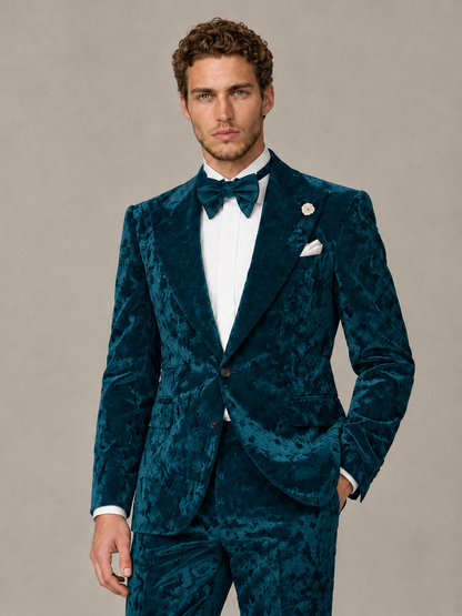 Savile Men's Peacock Crushed Velvet Peak Lapel 2-Piece Suit Set | Jacket & Trousers - Peacock - Peacock (1)