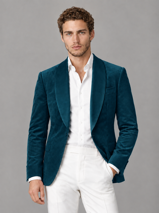 Savile Men's Peacock Velvet Shawl Lapel 2-Piece Tuxedo Suit Set | Jacket & White Trousers - Peacock - Peacock (1)