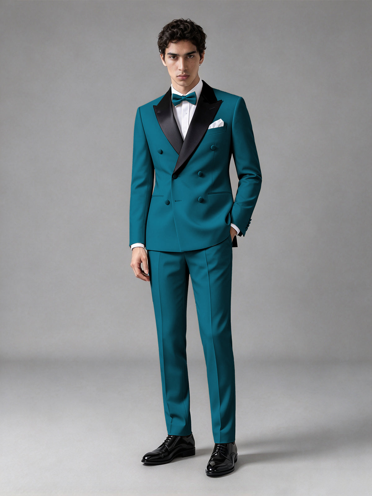 Men's Peacock Double-Breasted Satin Peak Lapel Tuxedo Suit Set (Jacket + Trousers) - Peacock