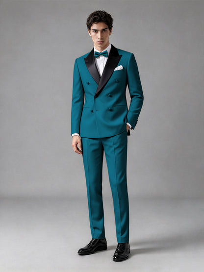 Men's Peacock Double-Breasted Satin Peak Lapel Tuxedo Suit Set (Jacket + Trousers) - Peacock