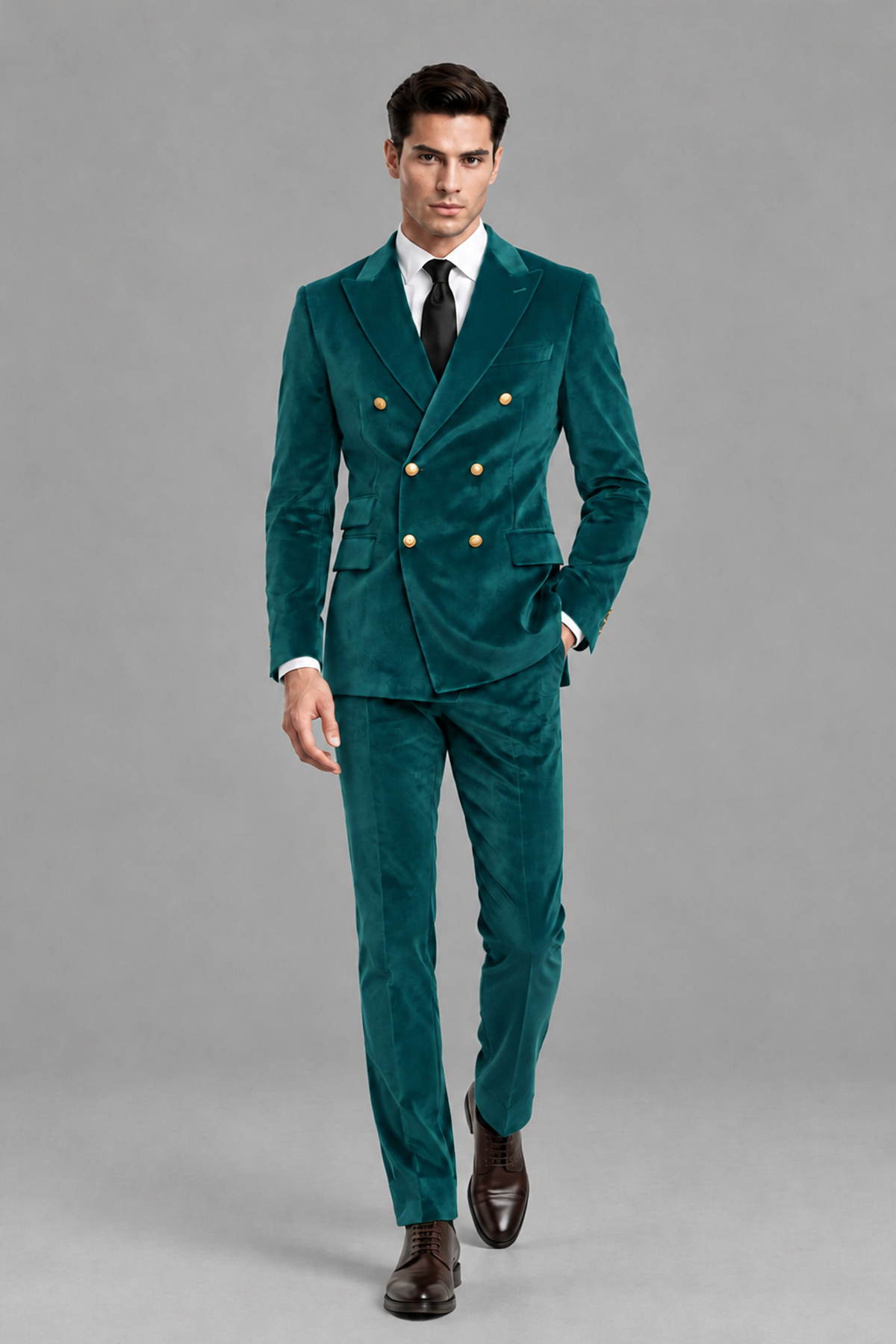 Savile Men's Peacock Velvet Double-Breasted 2-Piece Suit Set | Peak Lapel Blazer & Trousers - Peacock
