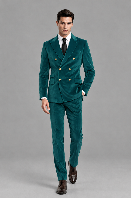Savile Men's Peacock Velvet Double-Breasted 2-Piece Suit Set | Peak Lapel Blazer & Trousers - Peacock