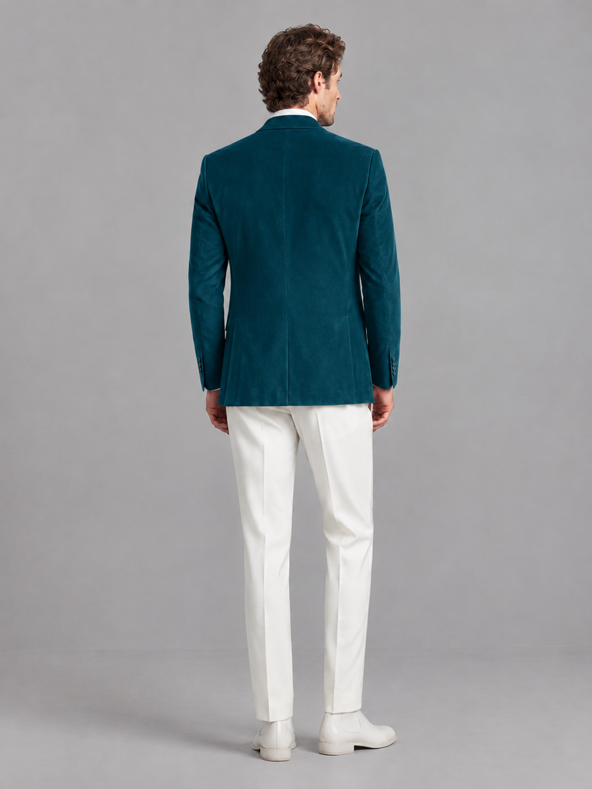 Savile Men's Peacock Velvet Shawl Lapel 2-Piece Tuxedo Suit Set | Jacket & White Trousers - Peacock - Peacock (2)