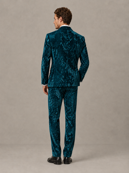 Savile Men's Peacock Crushed Velvet Peak Lapel 2-Piece Suit Set | Jacket & Trousers - Peacock - Peacock (2)