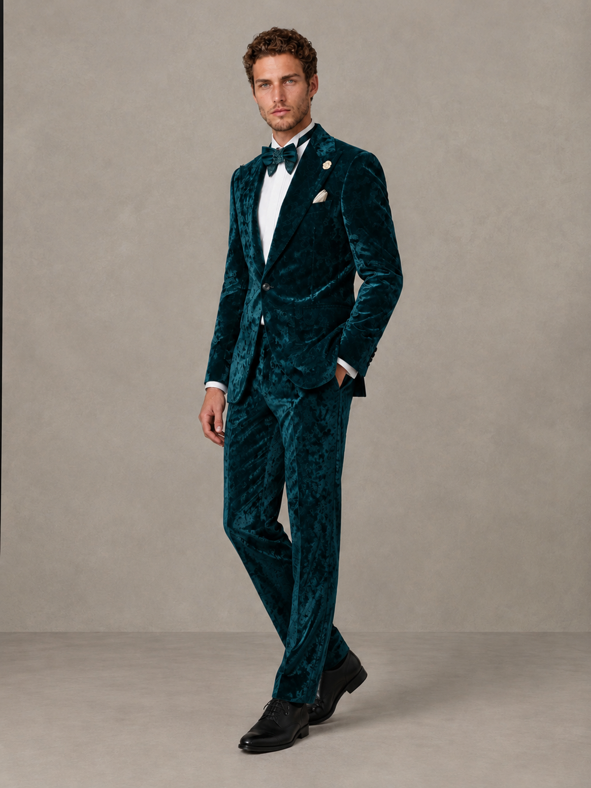 Savile Men's Peacock Crushed Velvet Peak Lapel 2-Piece Suit Set | Jacket & Trousers - Peacock - Peacock (3)