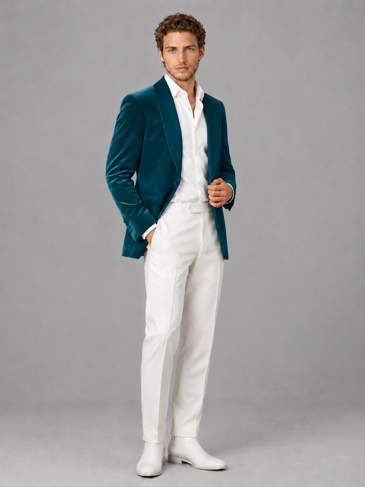 Savile Men's Peacock Velvet Shawl Lapel 2-Piece Tuxedo Suit Set | Jacket & White Trousers - Peacock - Peacock (3)