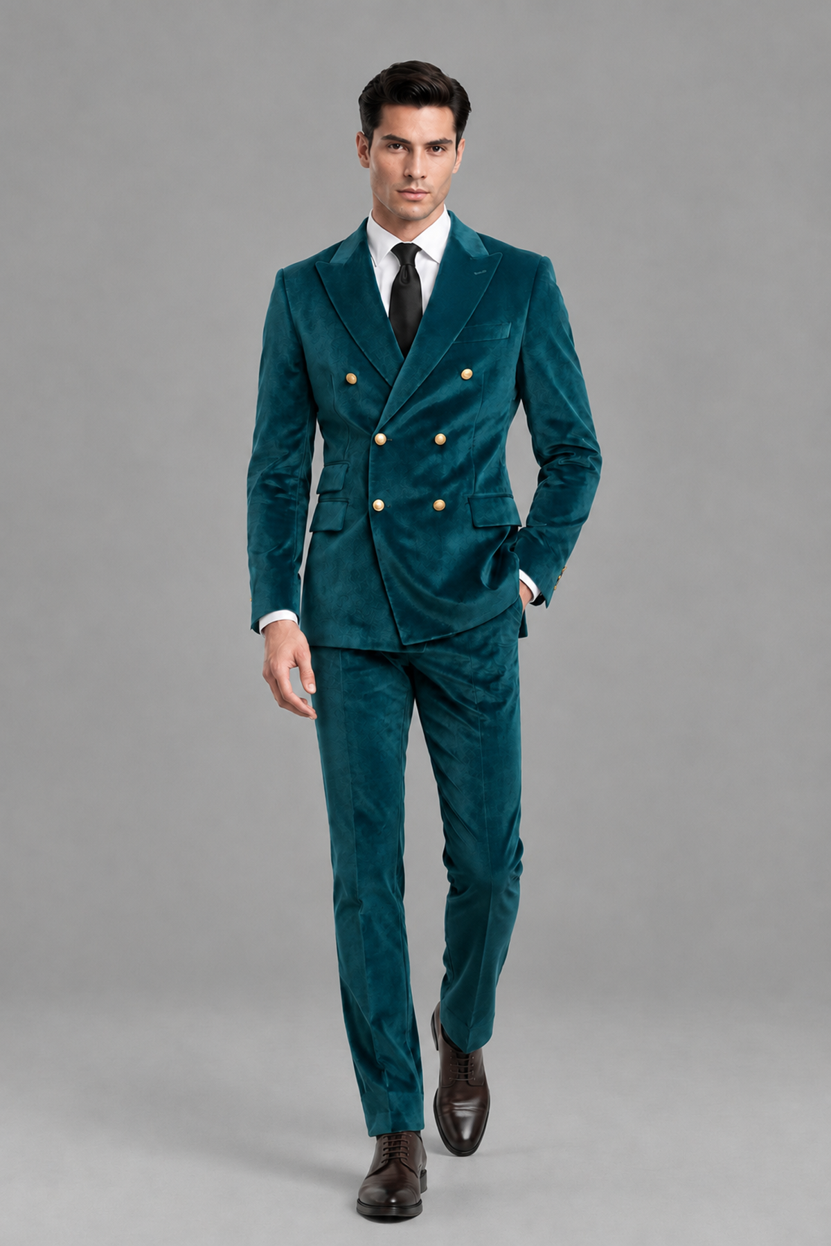 Savile Men's Peacock Velvet Double-Breasted 2-Piece Suit Set | Peak Lapel Blazer & Trousers - Peacock