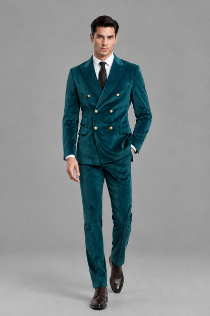 Savile Men's Peacock Velvet Double-Breasted 2-Piece Suit Set | Peak Lapel Blazer & Trousers - Peacock