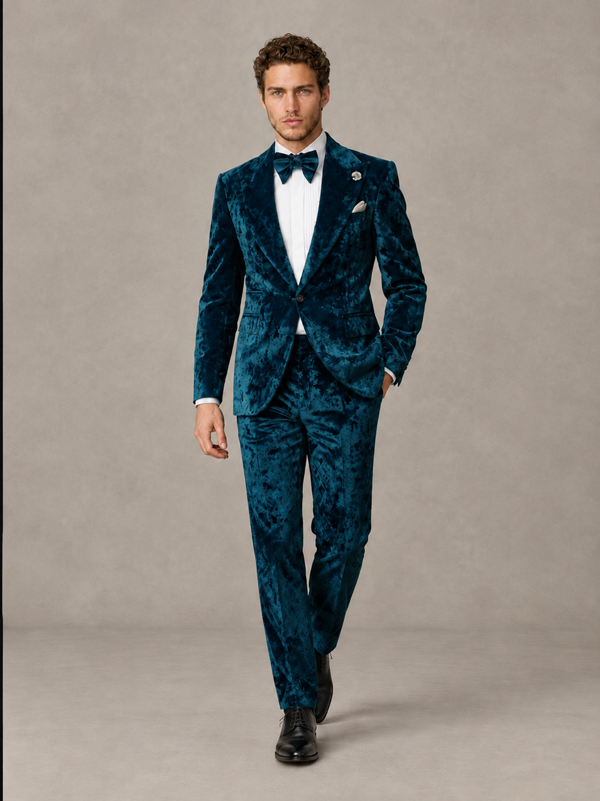 Savile Men's Peacock Crushed Velvet Peak Lapel 2-Piece Suit Set | Jacket & Trousers - Peacock - Peacock (4)