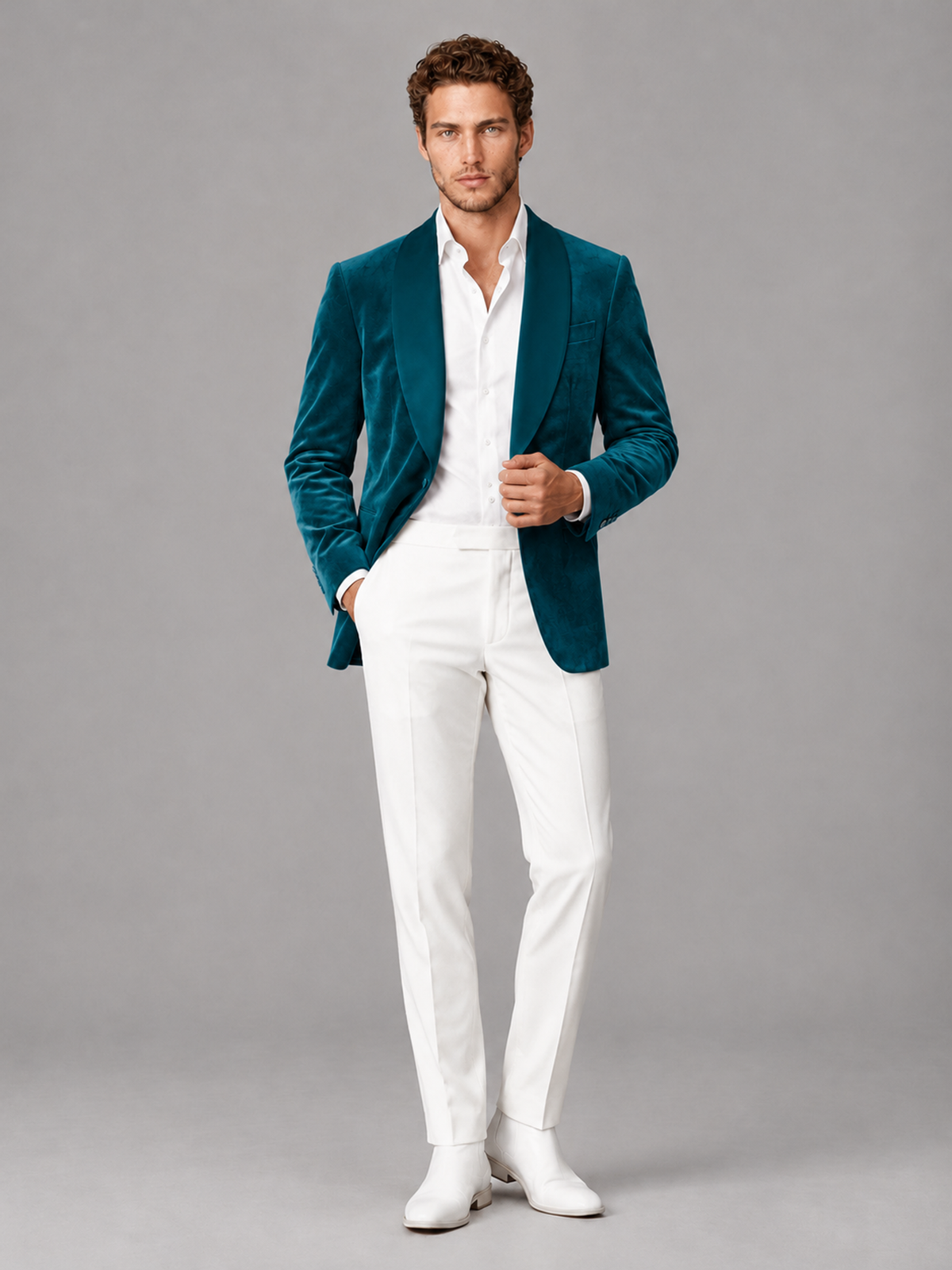 Savile Men's Peacock Velvet Shawl Lapel 2-Piece Tuxedo Suit Set | Jacket & White Trousers - Peacock - Peacock (4)