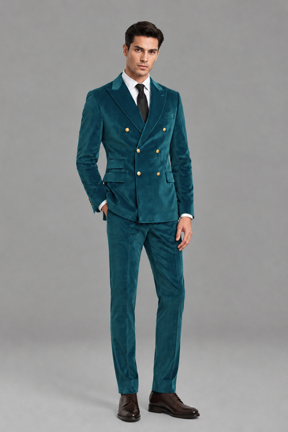 Savile Men's Peacock Velvet Double-Breasted 2-Piece Suit Set | Peak Lapel Blazer & Trousers - Peacock