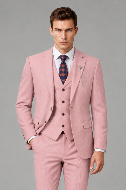 Savile Men's Grey Notch Lapel 3-Piece Suit Set | Jacket, Vest & Trousers - Pink - Pink